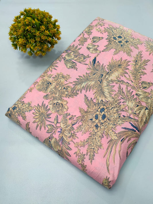 Close-up of Pink Floral Screen Print Pure Cotton Fabric from Tulsi Prints