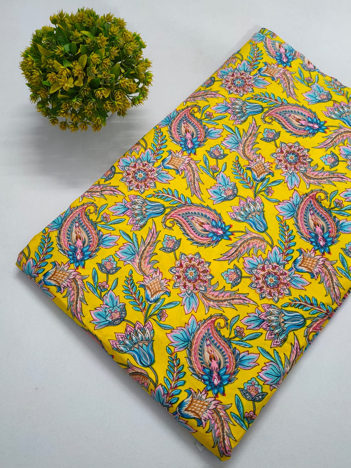 Yellow Paisley Floral Screen Print Pure Cotton Fabric From Tulsi Prints