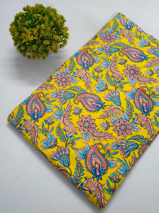 Yellow Paisley Floral Screen Print Pure Cotton Fabric From Tulsi Prints