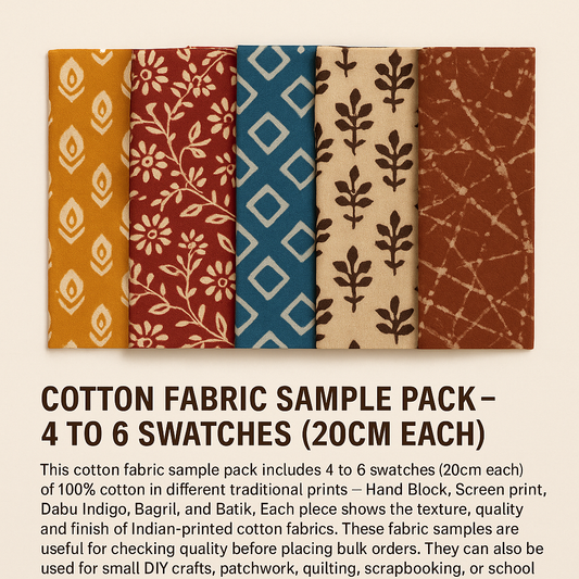 Sample of 5-9 Cotton Fabrics ( 20x20 cm each ) includes - Hand Block, Screen Print, Dabu Indigo, Bagru and Batik