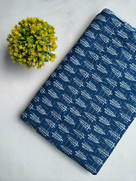 Navy Blue Leafy Vine Screen Print Pure Cotton Fabric From Tulsi Prints
