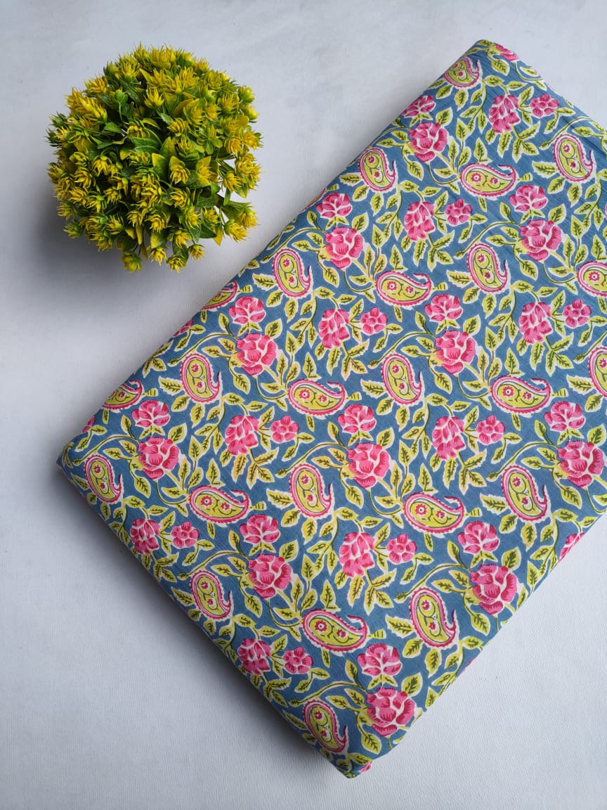 Blue Floral Paisley Screen Print Pure Cotton Fabric From Tulsi Prints