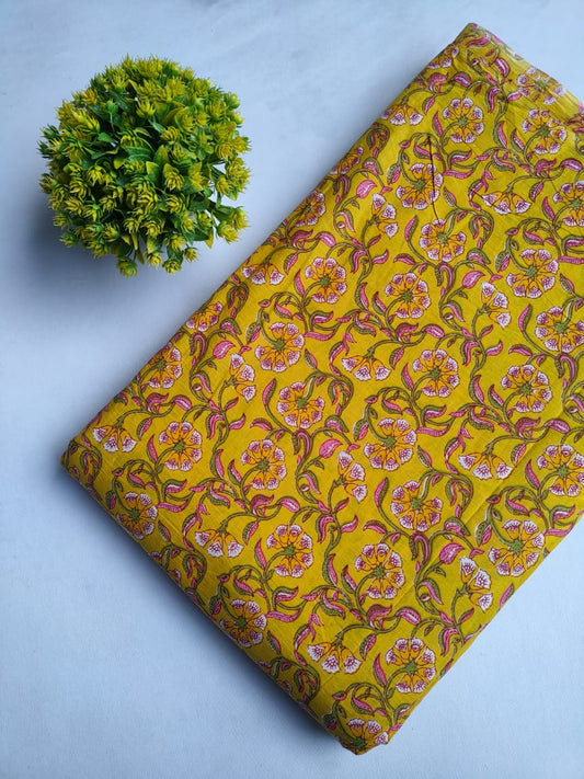Yellow Floral Screen Print Pure Cotton Fabric From Tulsi Prints
