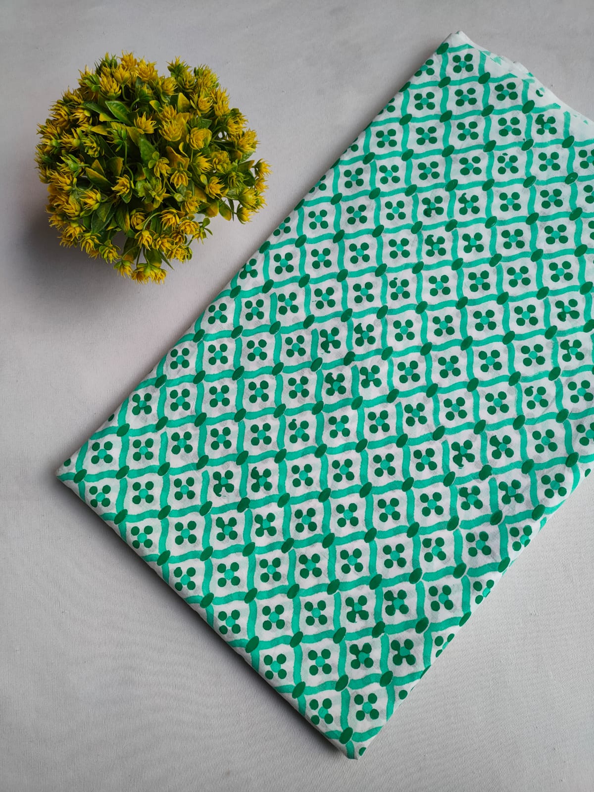 White And Green Geometric Lattice Jaipuri Block Print Pure Cotton Fabric Fabric From Tulsi Prints
