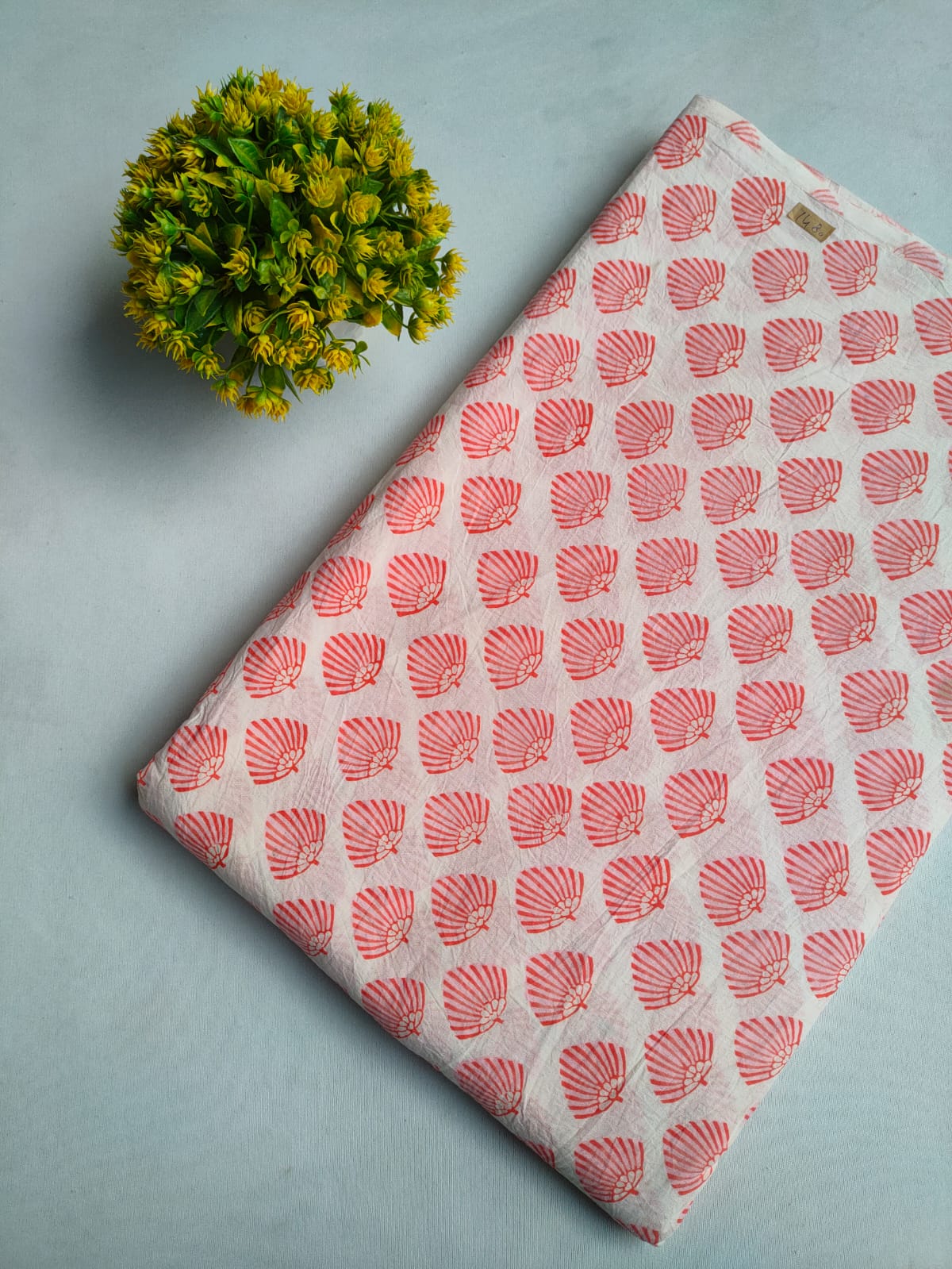 Off White Pink Shell Motif Jaipuri Block Print Pure Cotton Fabric From Tulsi Prints