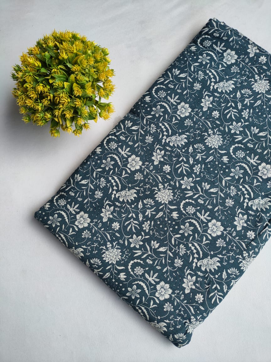 Navy Blue Floral Screen Print Pure Cotton Fabric From Tulsi Prints