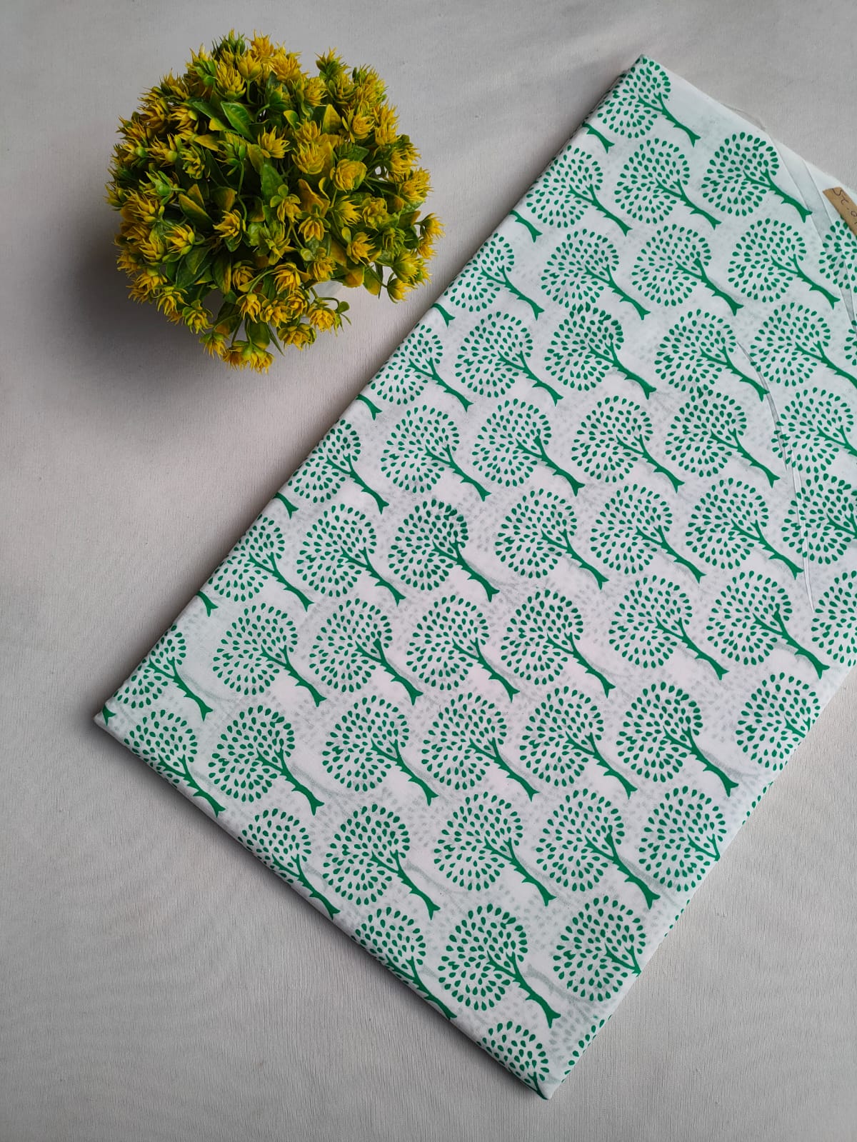 White And Green Tree Motif Jaipuri Hand Block Print Pure Cotton Fabric From Tulsi Prints
