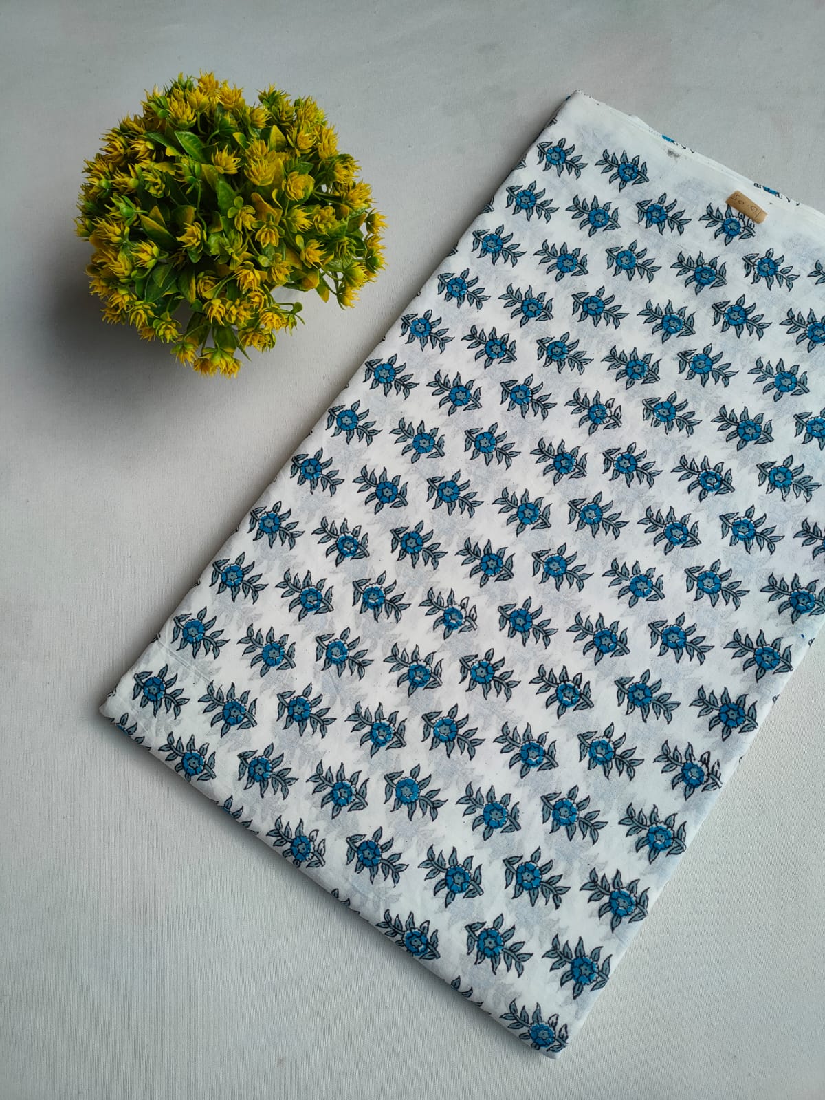 White Blue Floral Booti Jaipuri Hand Block Print Pure Cotton Fabric From Tulsi Prints