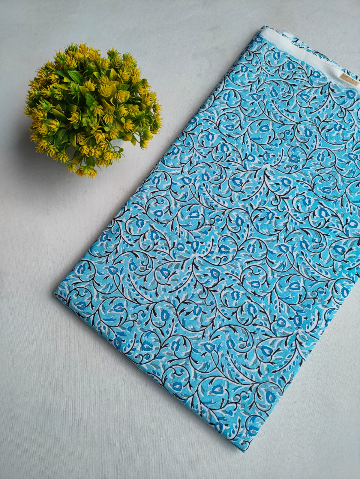 Sky Blue Floral Vine Sanganeri Hand Block Print Pure Cotton Fabric Fabric From Tulsi Prints