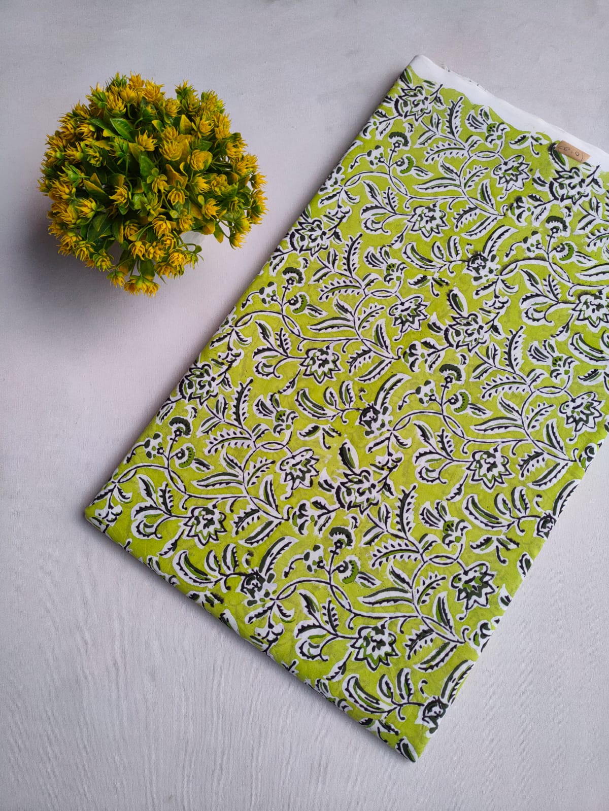 Lime Green Floral Vine Jaipuri Hand Block Print Pure Cotton Fabric From Tulsi Prints