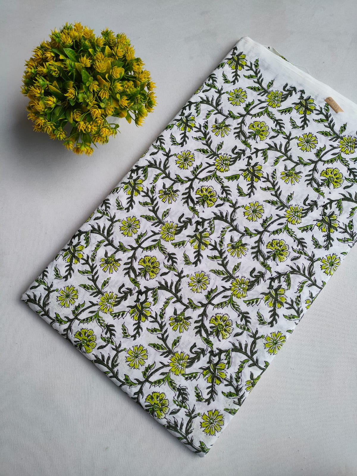 White and Green Floral Vine Jaipuri Hand Block Print Pure Cotton Fabric From Tulsi Prints