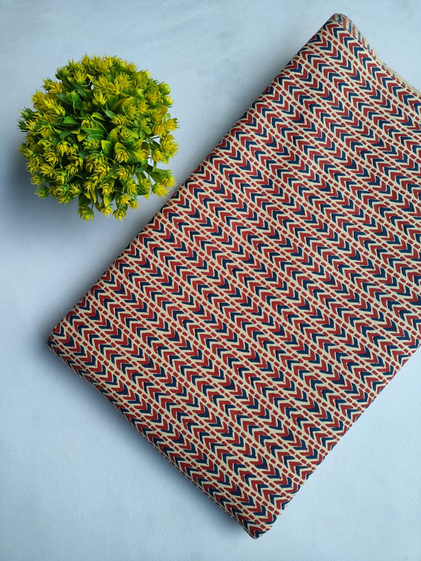 Red and Blue Zigzag Screen Print Pure Cotton Fabric From Tulsi Prints