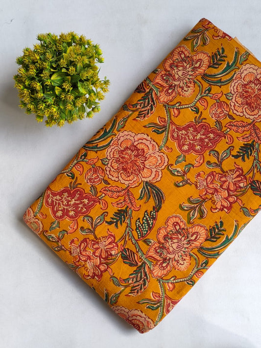 Mustard Floral Sanganeri Block Print Pure Cotton Fabric