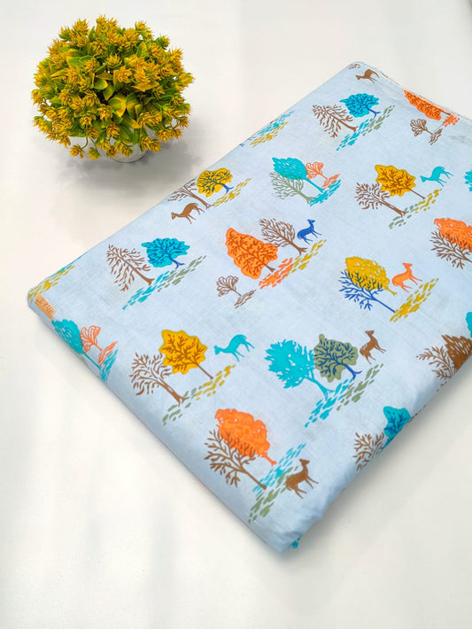 Sky Blue Tree and Deer Screen Print Pure Cotton Fabric From Tulsi Prints