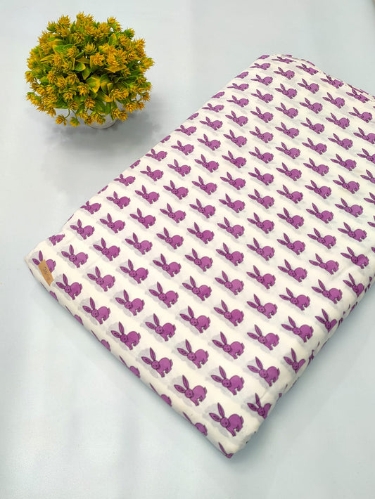 White Bunny Motif Screen Print Pure Cotton Fabric From Tulsi Prints