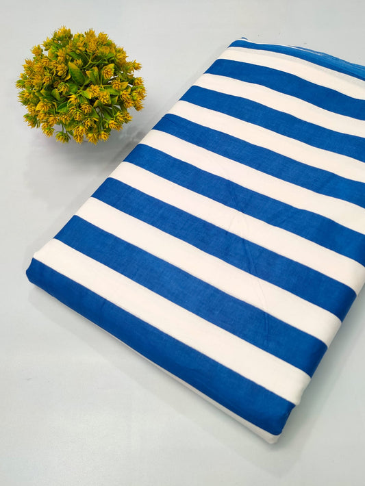 Blue and White Striped Screen Print Pure Cotton Fabric From Tulsi Prints