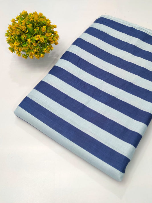Light Blue and Navy Striped Screen Print Pure Cotton Fabric From Tulsi Prints